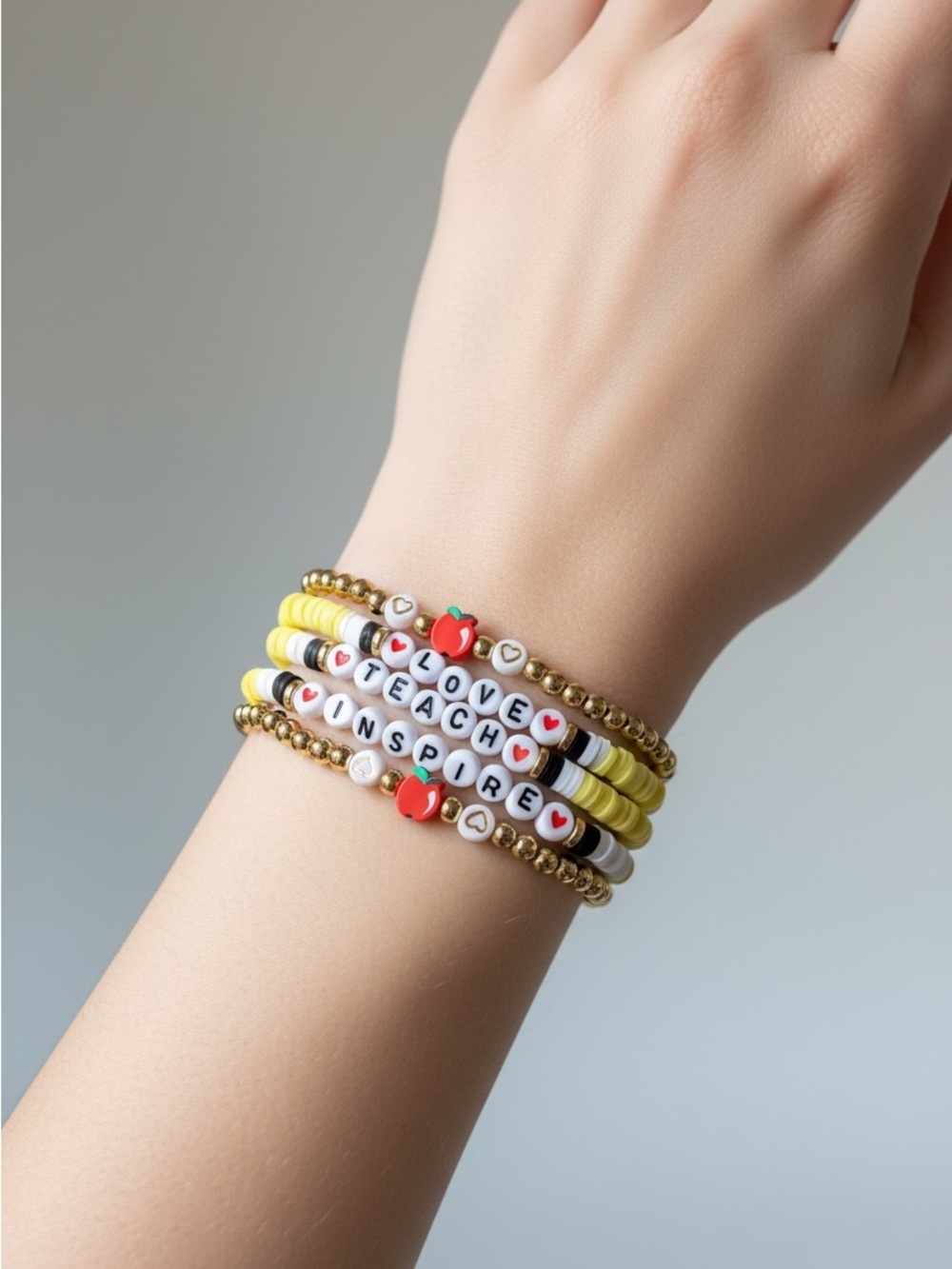 9/23 Stackable Yellow & Gold Beaded Teacher Inspire Bracelet Set